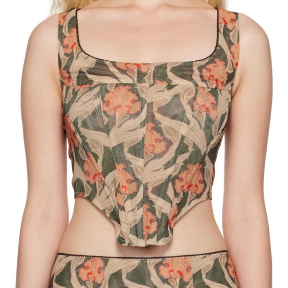 Miaou Floral Art Nouveau Print Corset Top with Scalloped Edge